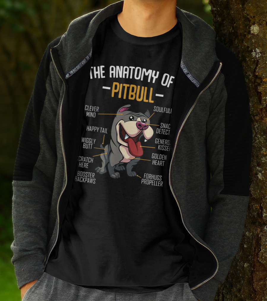 The Anatomy Of A Pitbull: Clever Mind, Soulful Eyes, Happy Tail, Snack Detector, Wiggly Butt, Generous Kisser, Golden Heart, Scratch Here, Forhugs Propeller, Booster Backpaws T-Shirt