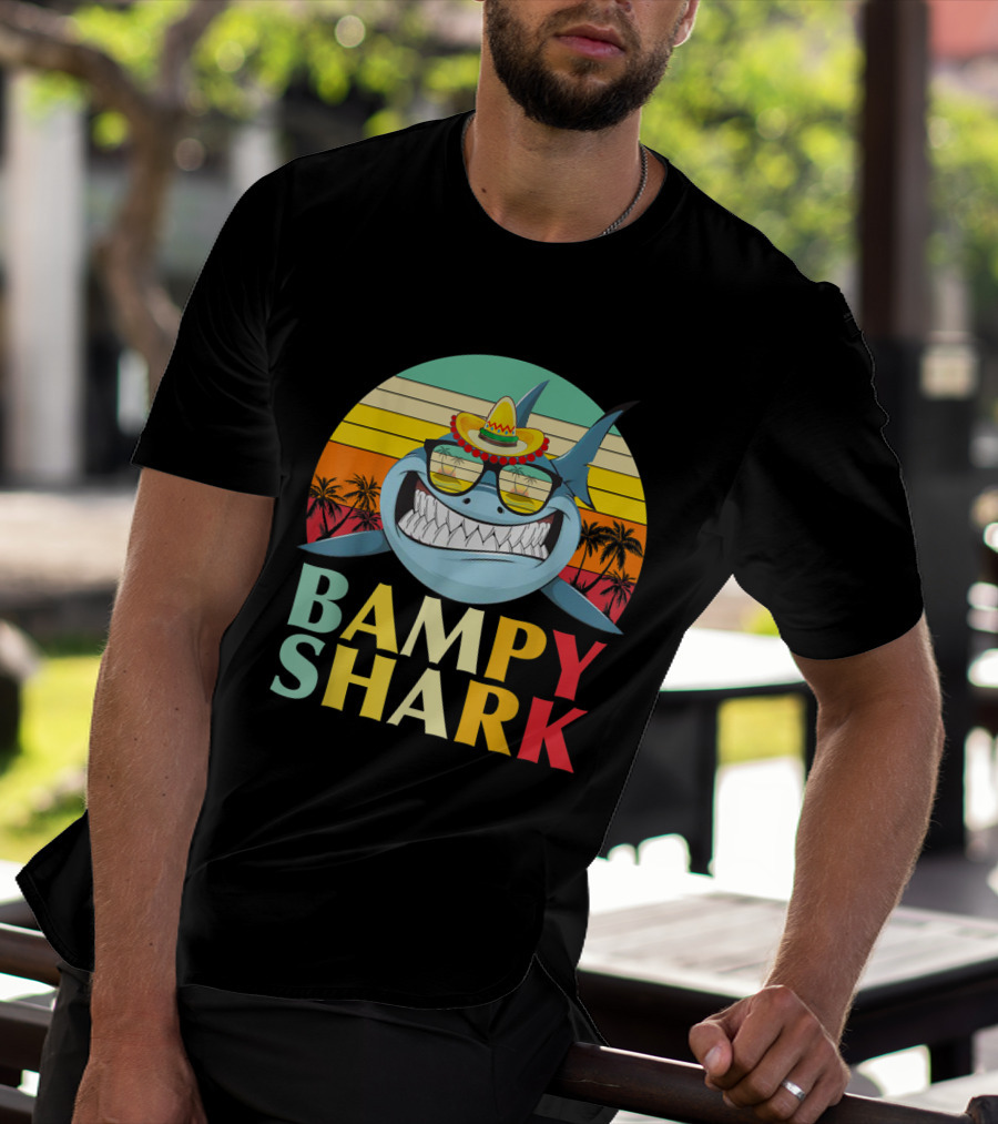 Bampy Shark Grandad From Grandchildren Shark With Sombrero And Sunglasses T-Shirt