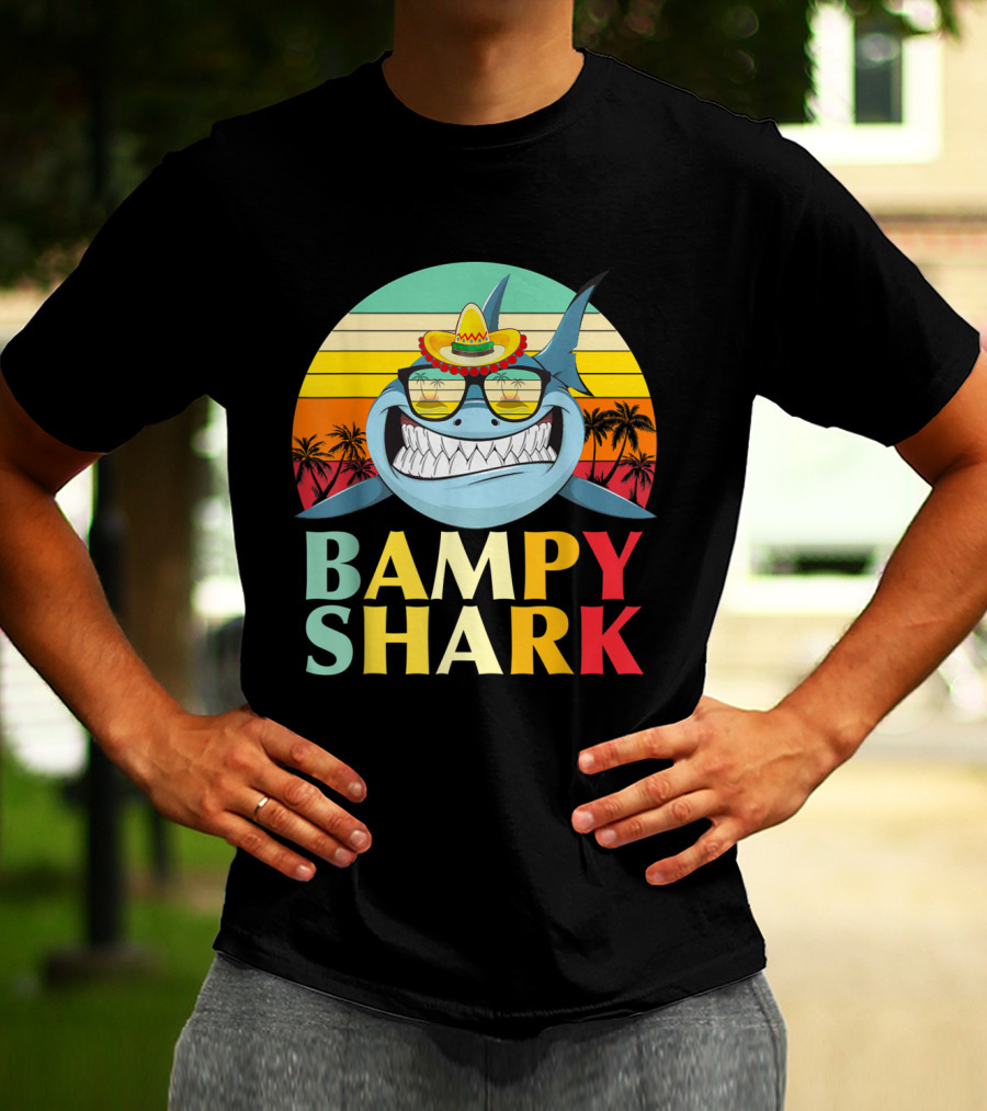 Bampy Shark Grandad From Grandchildren Shark With Sombrero And Sunglasses T-Shirt
