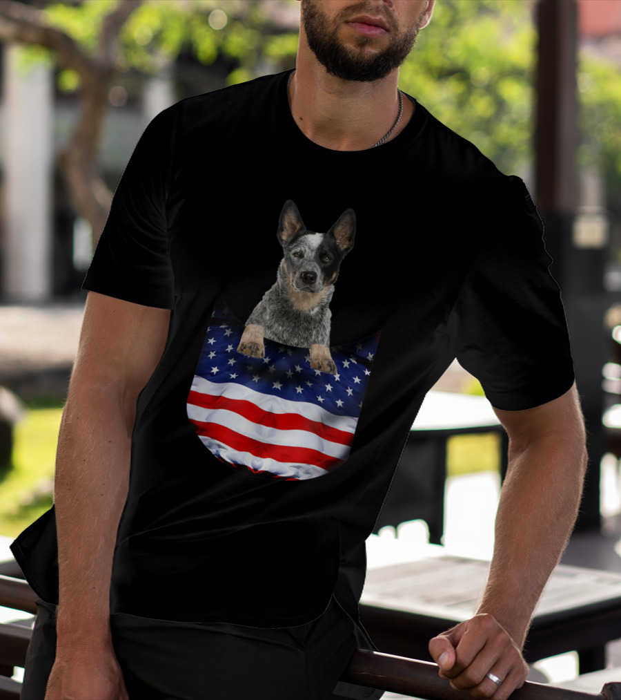 Australian Cattle Dog Pocket Funny American Flag Dog T-Shirt