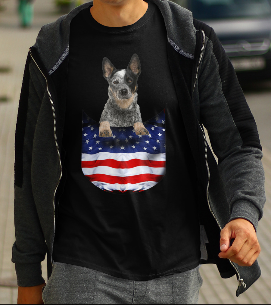 Australian Cattle Dog Pocket Funny American Flag Dog T-Shirt