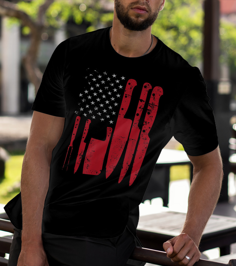 American Flag Stars Butcher Knife Set Vintage Look T-Shirt