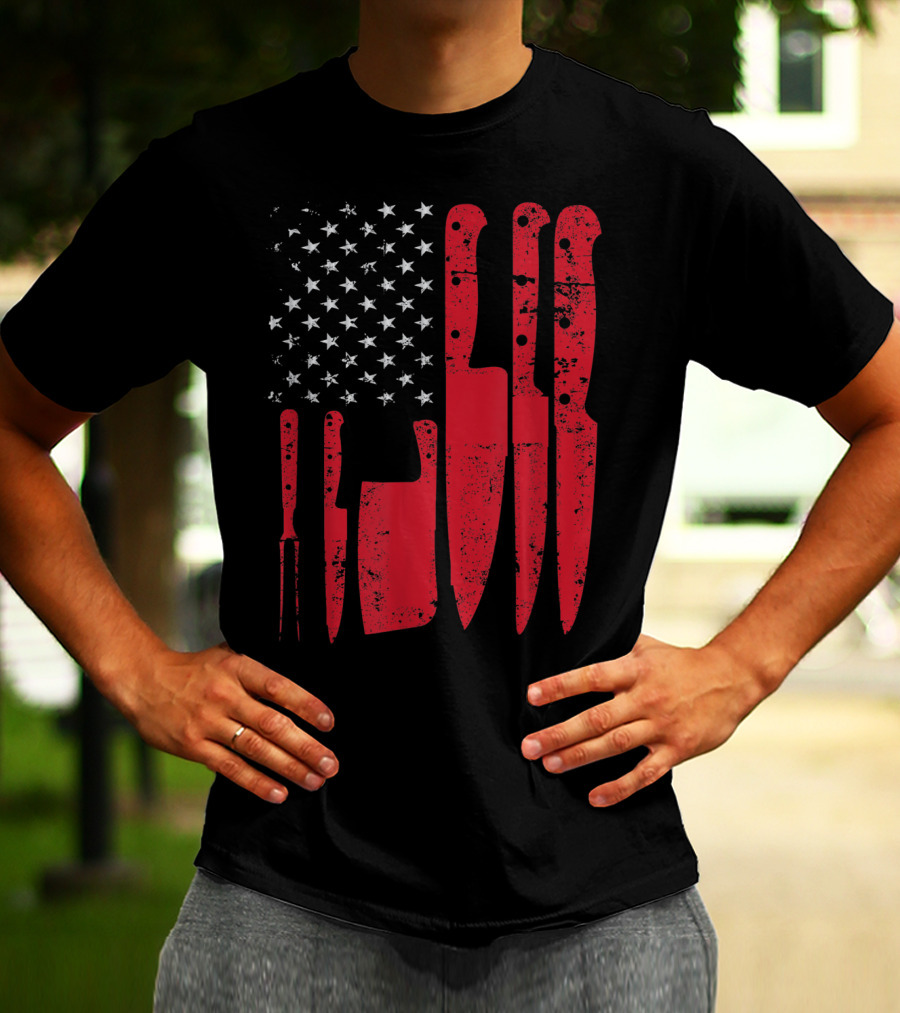 American Flag Stars Butcher Knife Set Vintage Look T-Shirt