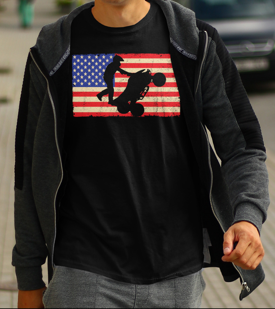 American Flag ATV Rider Wheelie Quad Bike Cool T-Shirt