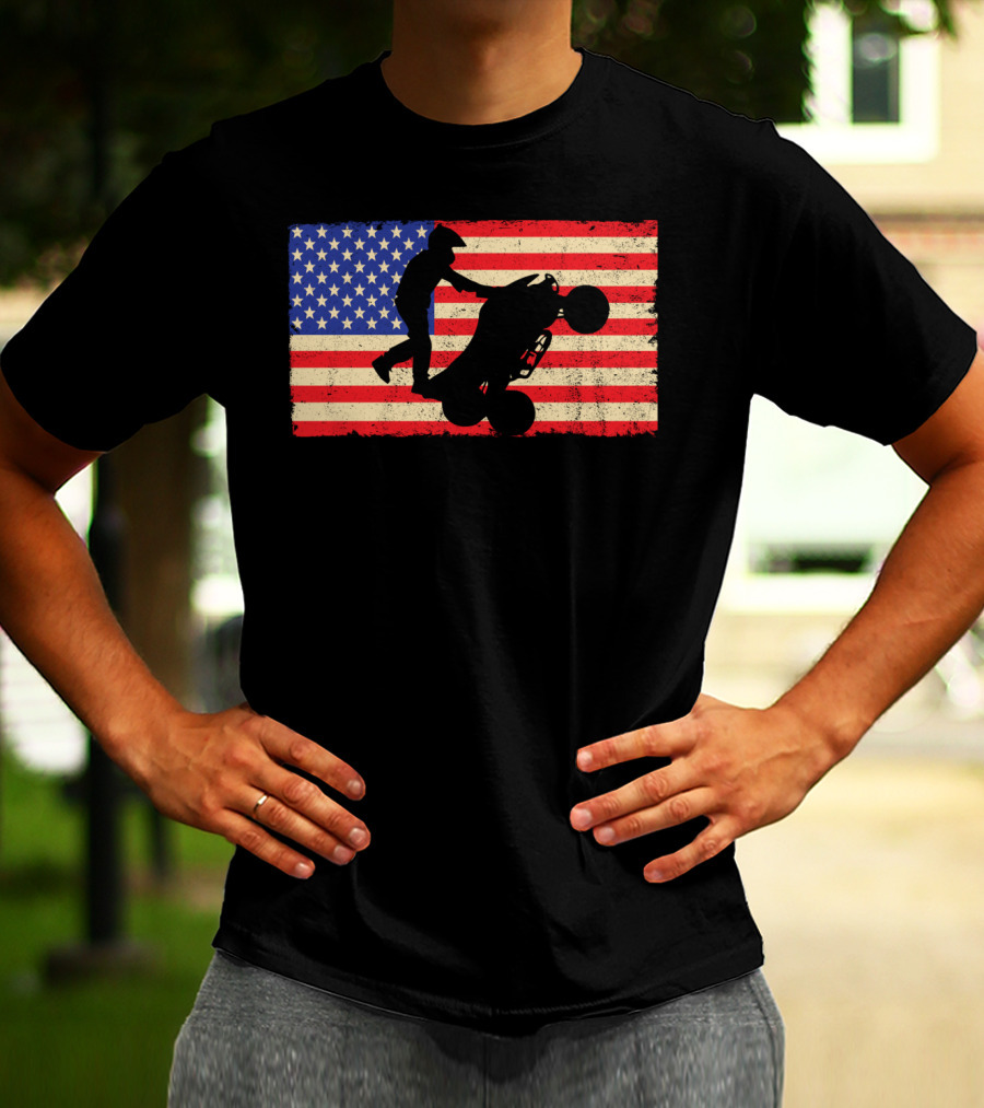 American Flag ATV Rider Wheelie Quad Bike Cool T-Shirt
