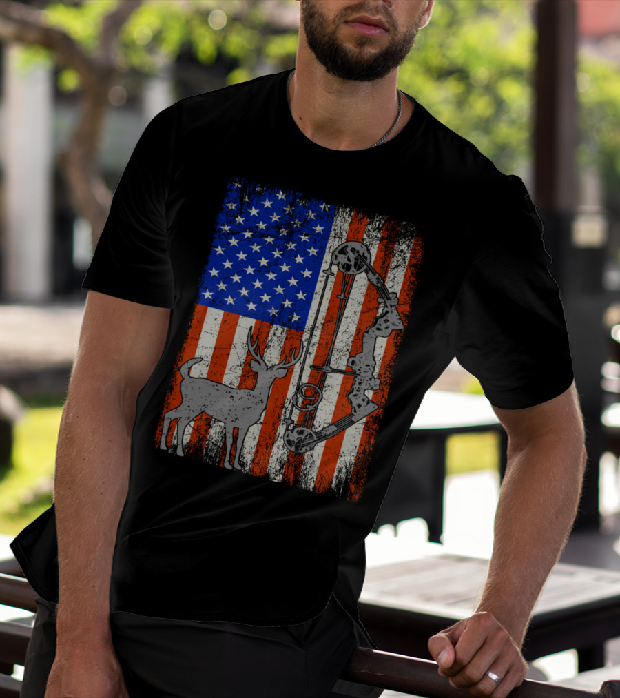 American Flag Deer Bow Hunter Hunting T-Shirt