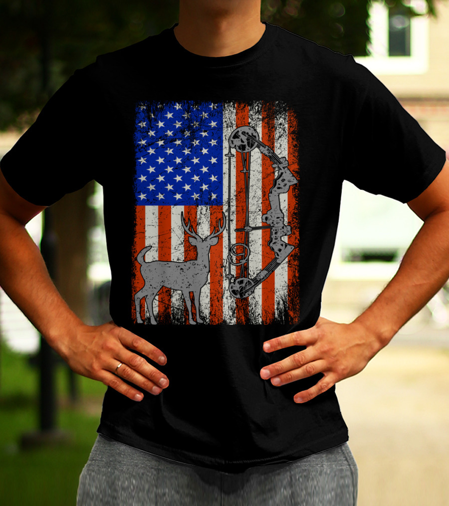 American Flag Deer Bow Hunter Hunting T-Shirt
