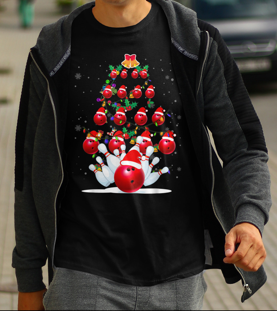 Bowling Ball Christmas Tree With Santa Hats And Snowflakes T-Shirt