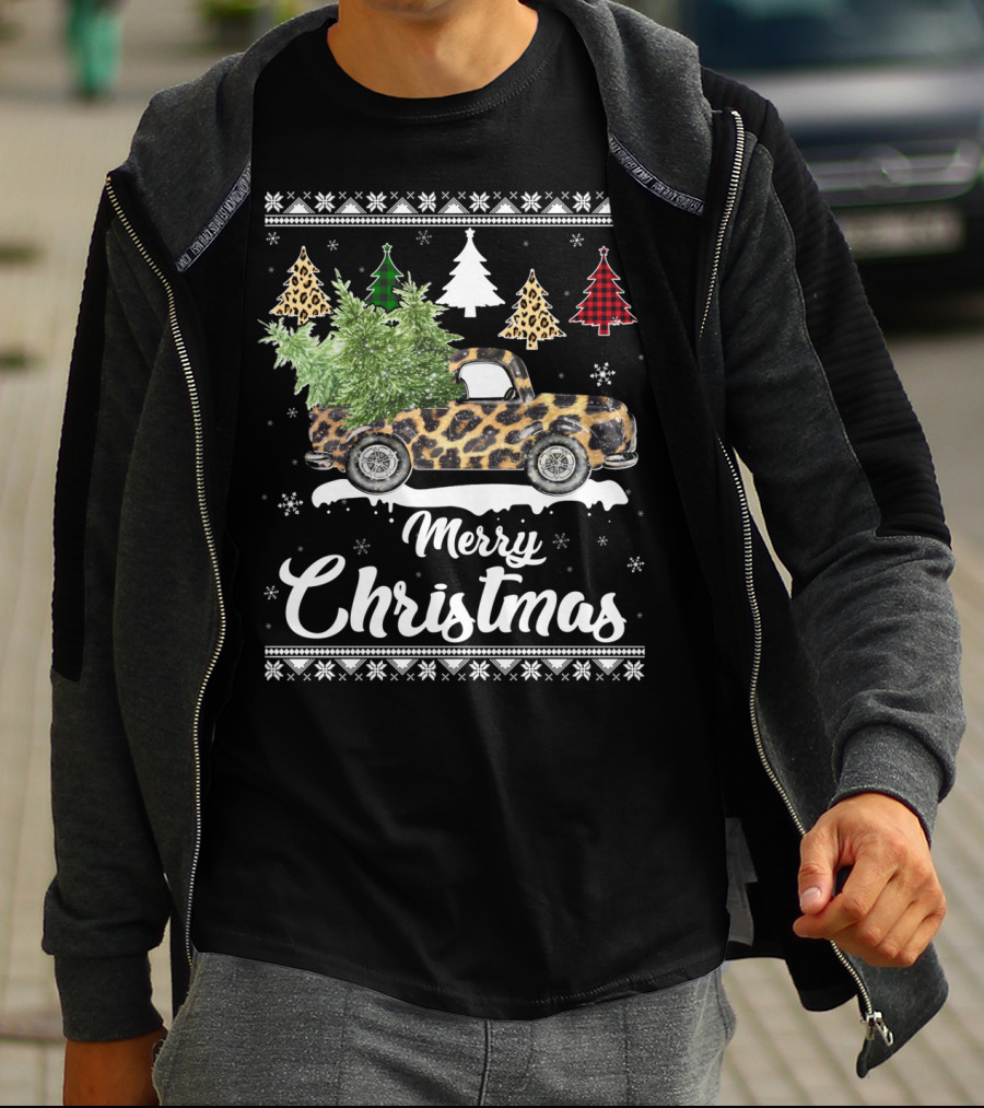 Merry Christmas Leopard Truck Plaid Trees Snowflakes T-Shirt