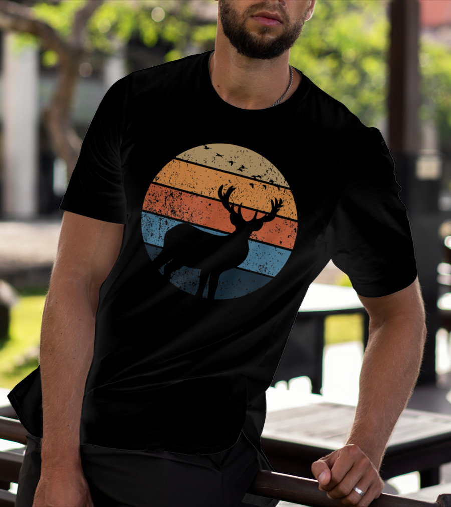 Deer Silhouette Retro Sunset With Flying Birds T-Shirt