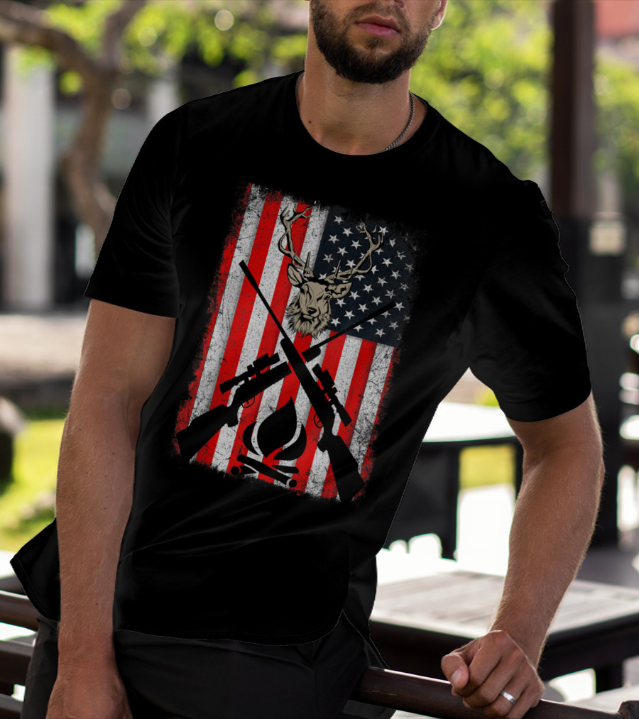 Patriotic Deer Hunting With American Flag And Rifles T-Shirt