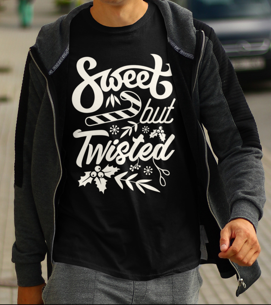 Sweet But Twisted Funny Christmas Party Candy Cane And Holly T-Shirt