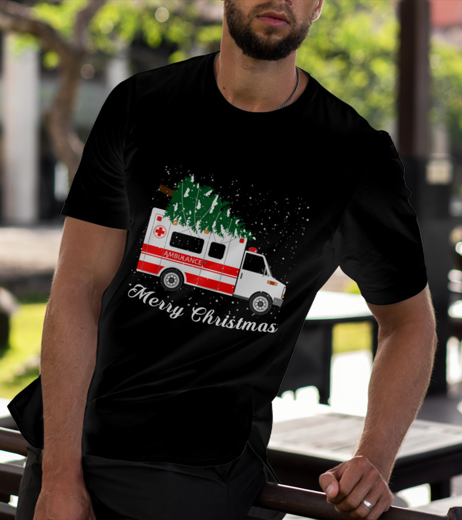 Merry Christmas Ambulance Carrying Christmas Tree In Snowfall T-Shirt