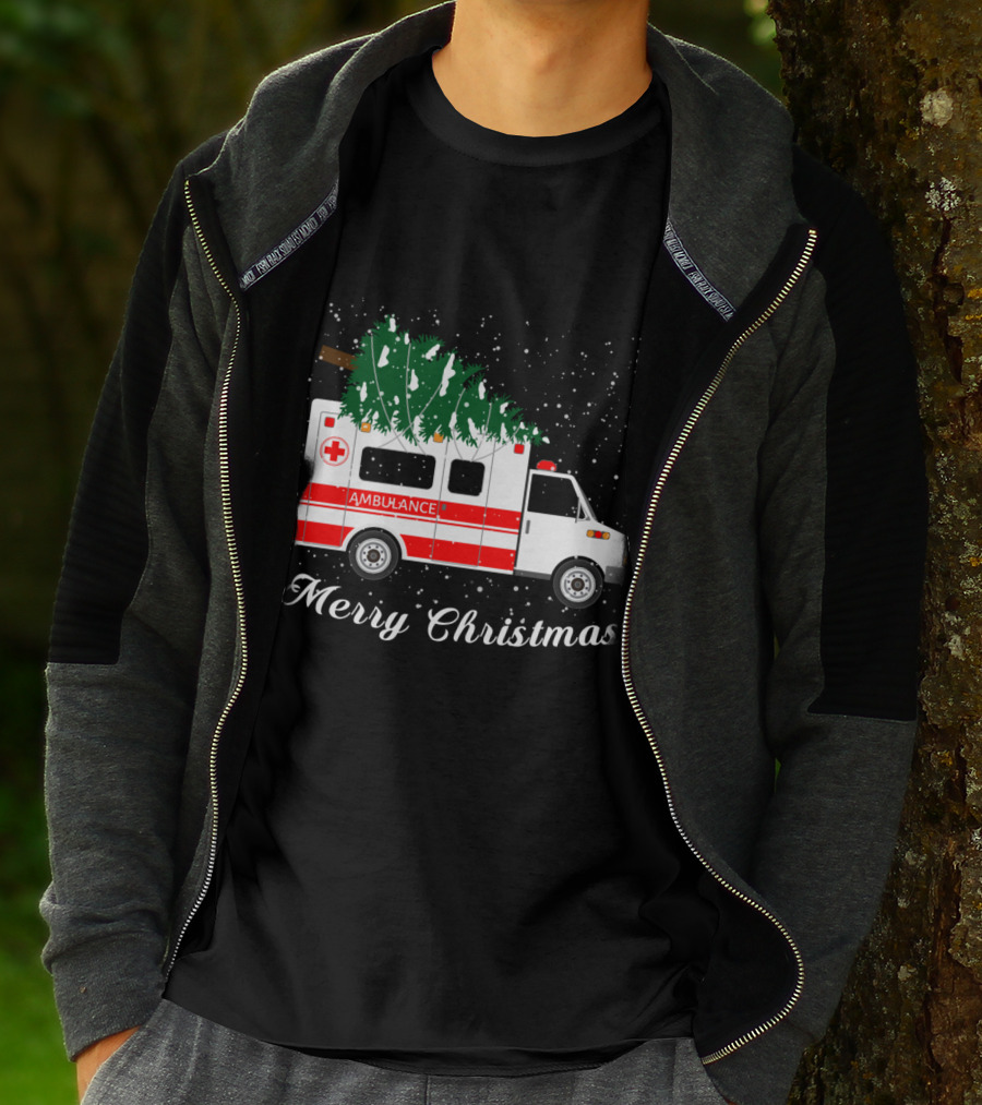 Merry Christmas Ambulance Carrying Christmas Tree In Snowfall T-Shirt