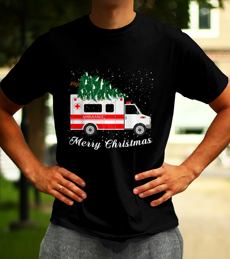 Merry Christmas Ambulance Carrying Christmas Tree In Snowfall T-Shirt