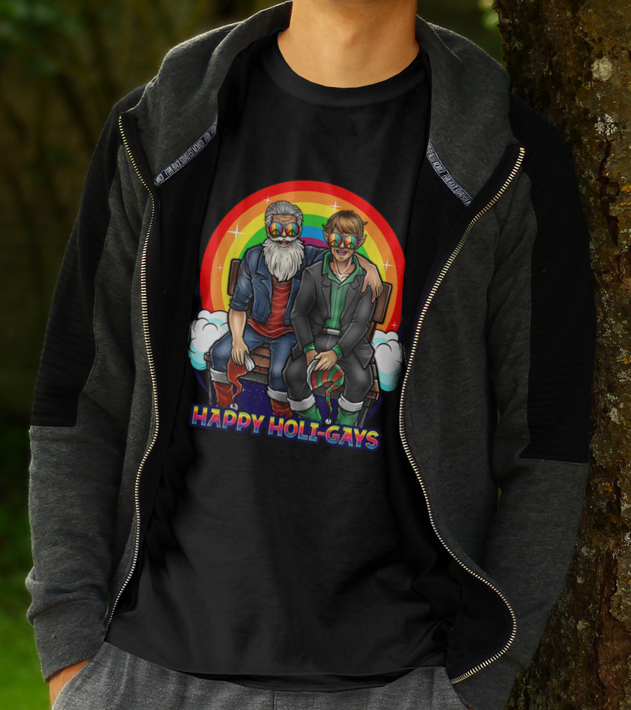 Happy Holi-Gays Funny Rainbow Santa And Elf Christmas T-Shirt