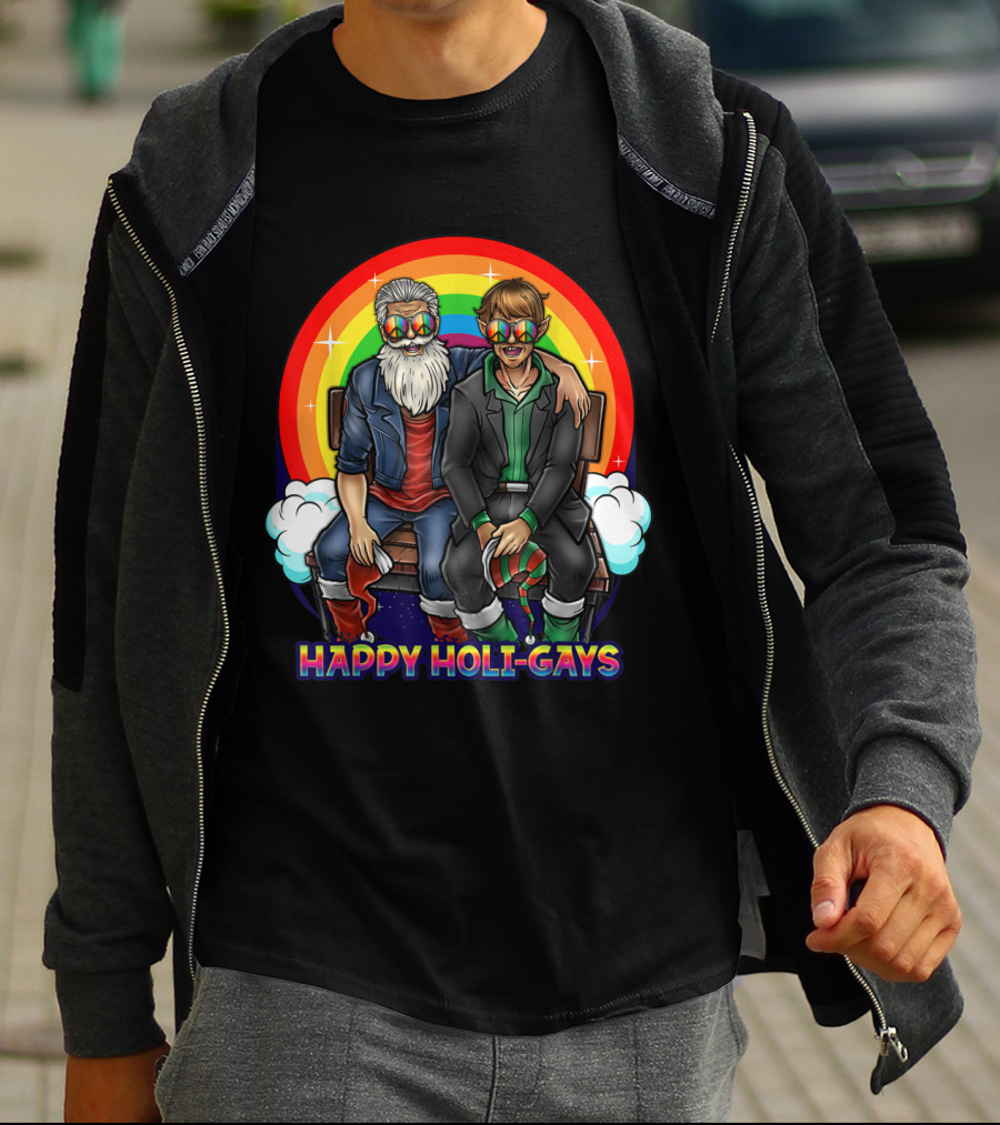 Happy Holi-Gays Funny Rainbow Santa And Elf Christmas T-Shirt