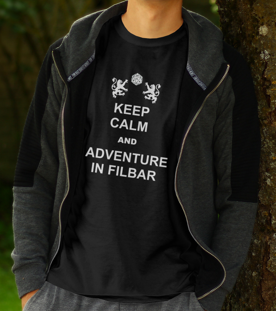 Keep Calm And Adventure In Filbar With D20 Dice And Lion Emblems T-Shirt