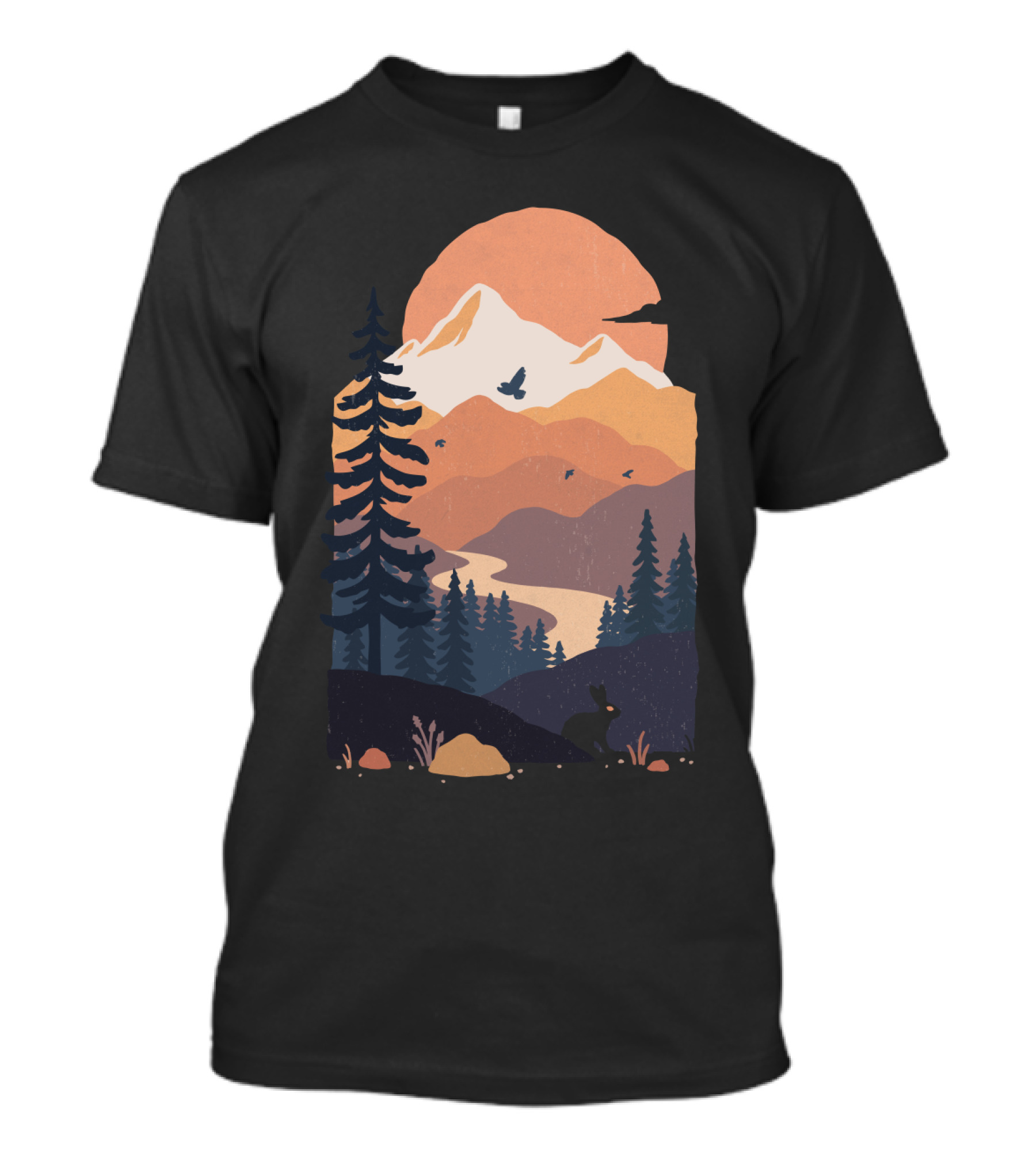 Majestic Mountain Vista At Sunset With Soaring Birds And Serene Forest T-Shirt