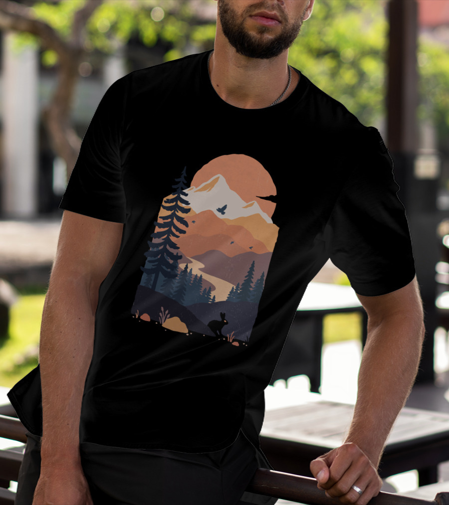 Majestic Mountain Vista At Sunset With Soaring Birds And Serene Forest T-Shirt