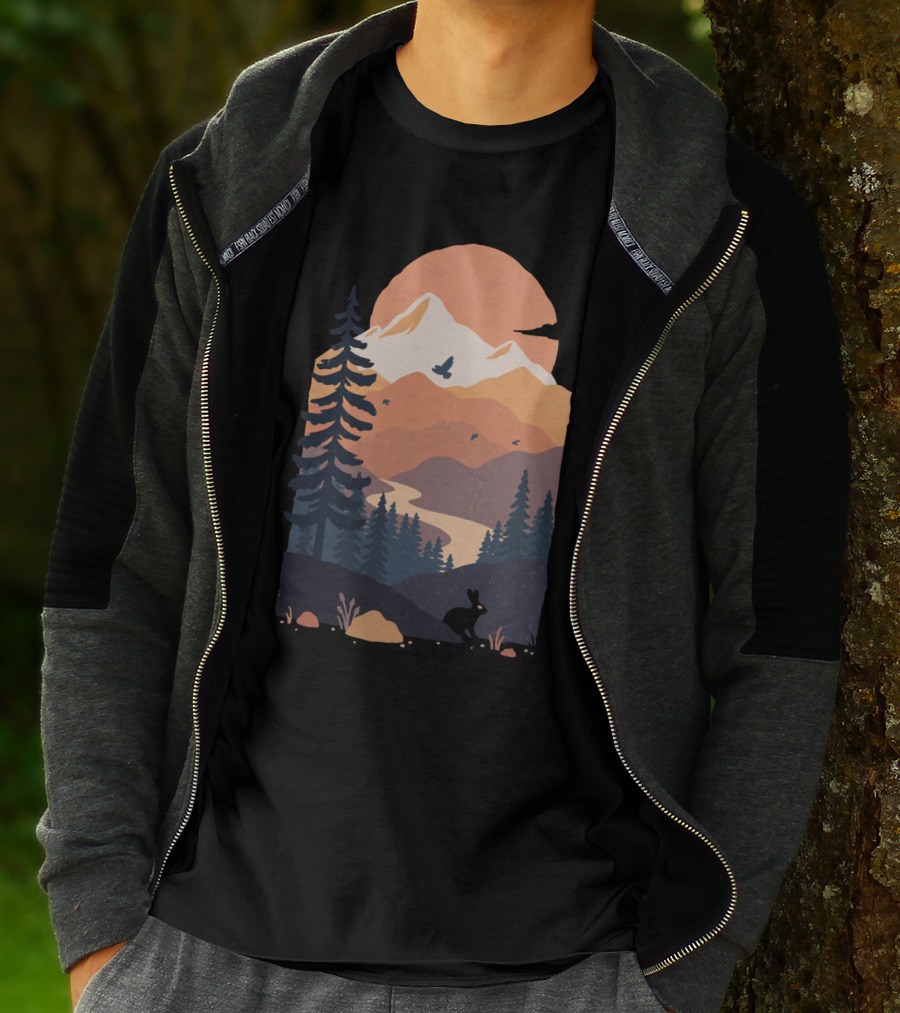 Majestic Mountain Vista At Sunset With Soaring Birds And Serene Forest T-Shirt