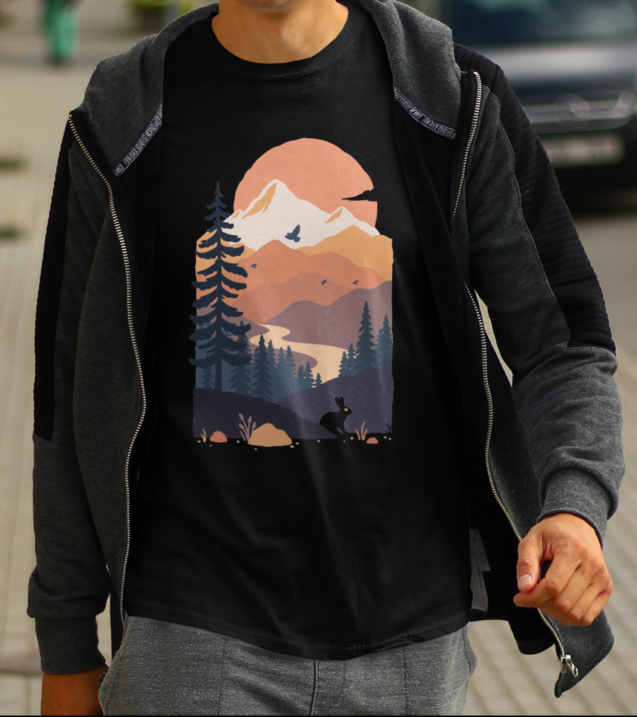 Majestic Mountain Vista At Sunset With Soaring Birds And Serene Forest T-Shirt