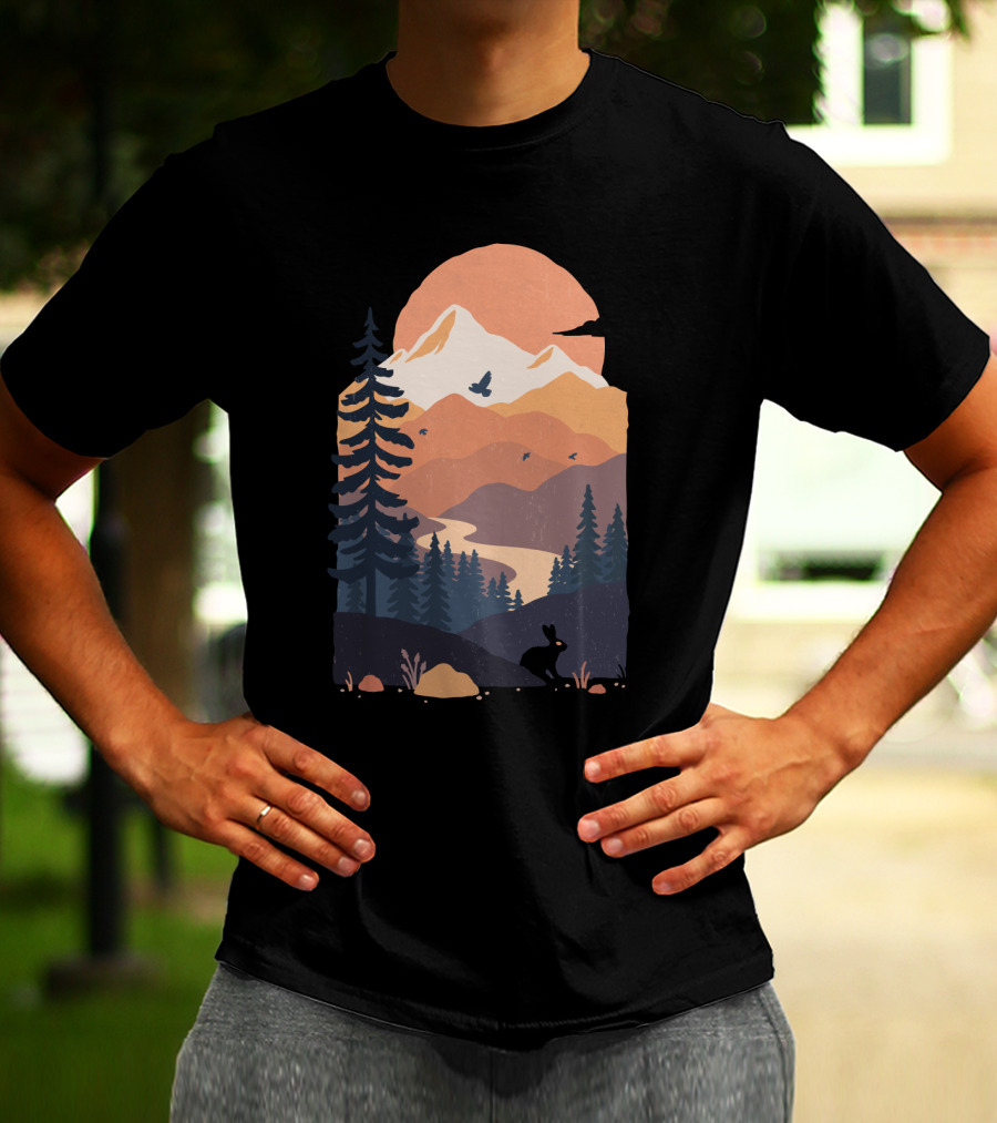 Majestic Mountain Vista At Sunset With Soaring Birds And Serene Forest T-Shirt