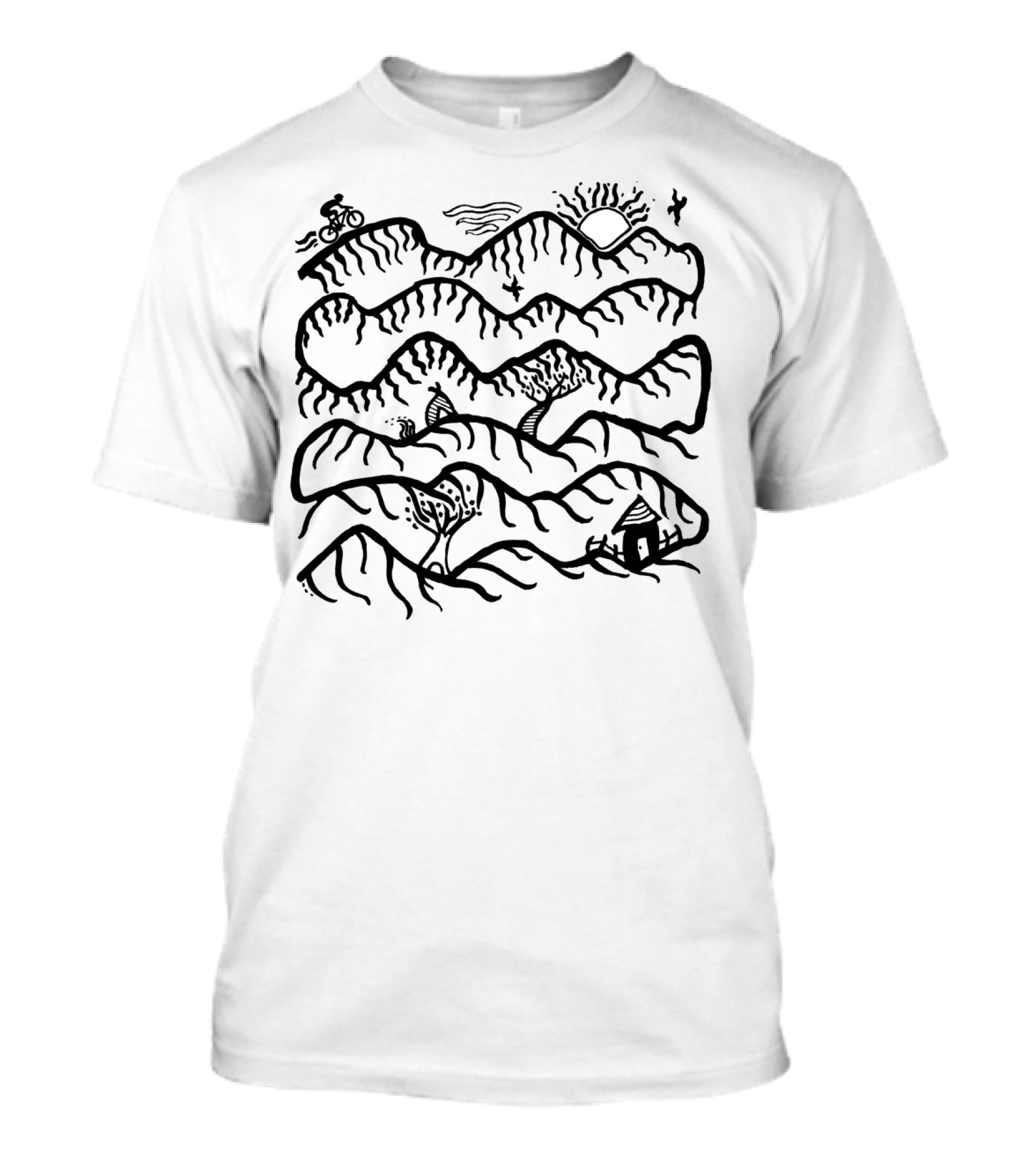 The Way Home Black And White Mountain Landscape With Cyclist And Sun T-Shirt