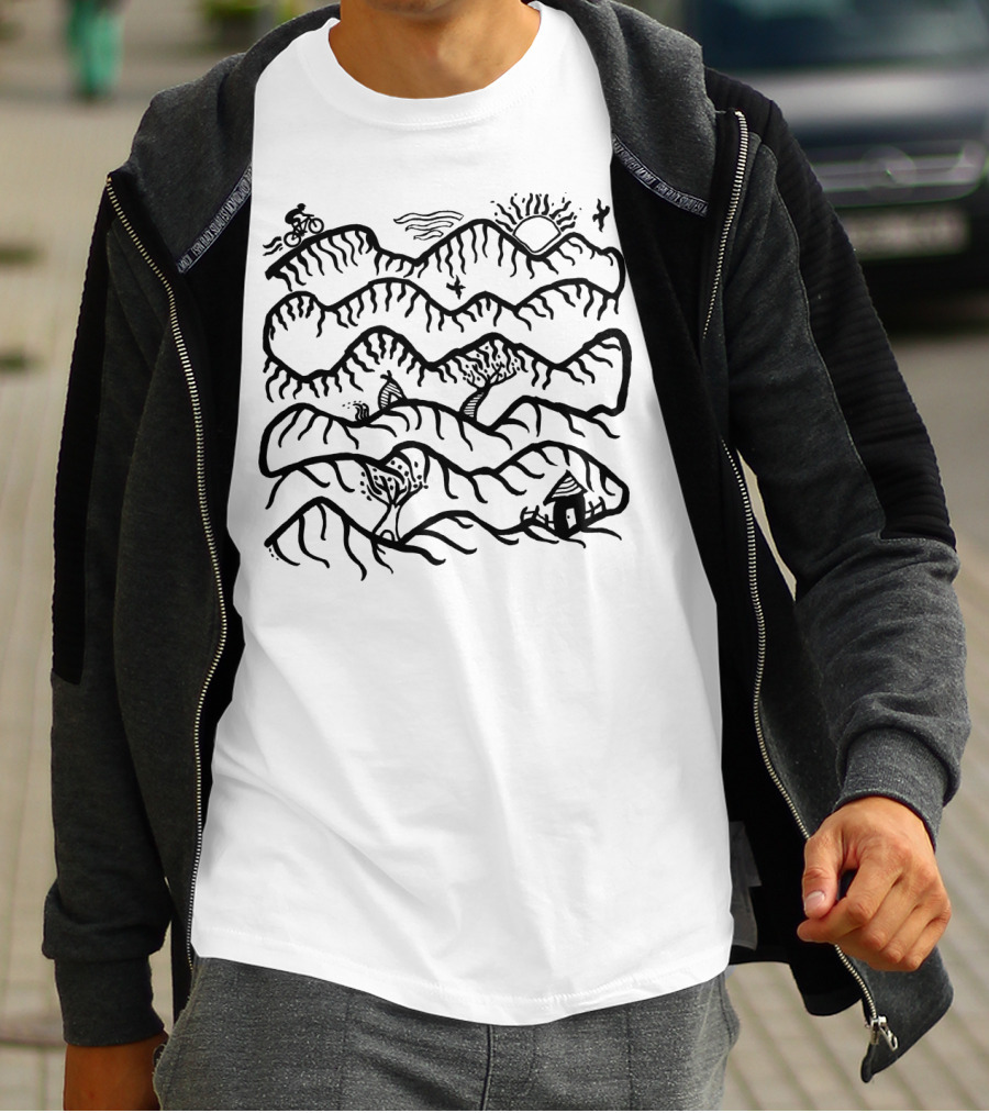 The Way Home Black And White Mountain Landscape With Cyclist And Sun T-Shirt