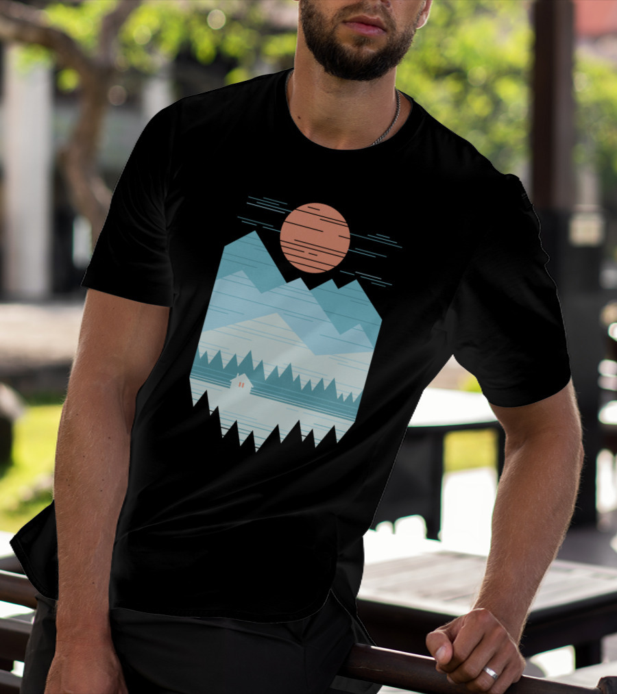 Cabin In The Snow With Geometric Mountains And Red Sun T-Shirt