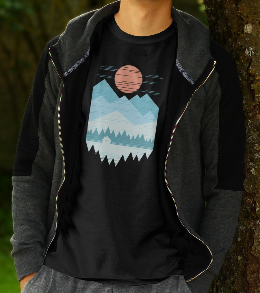 Cabin In The Snow With Geometric Mountains And Red Sun T-Shirt