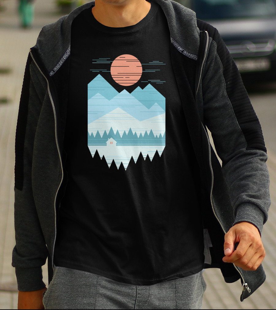 Cabin In The Snow With Geometric Mountains And Red Sun T-Shirt