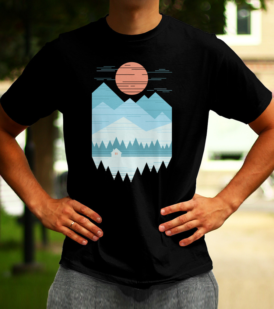 Cabin In The Snow With Geometric Mountains And Red Sun T-Shirt