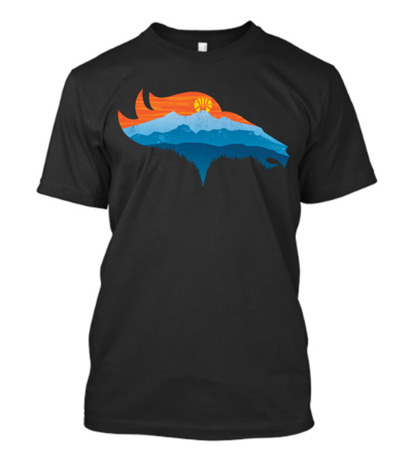 Bronco Country Mountain Landscape With Sunset In Horse Head Shape T-Shirt