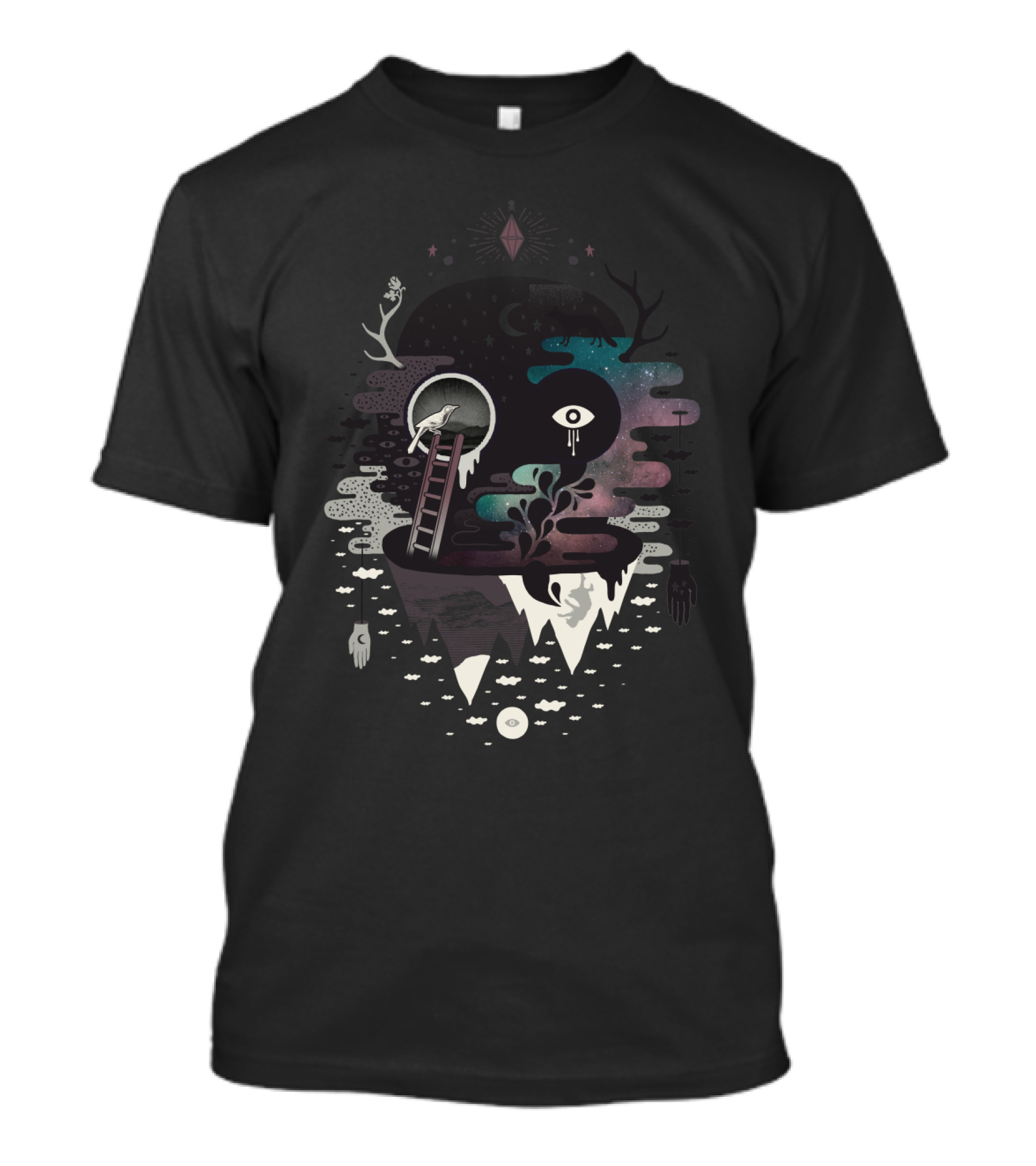 Surreal Galaxy With Floating Eye And Ladder Over Abstract Terrain T-Shirt