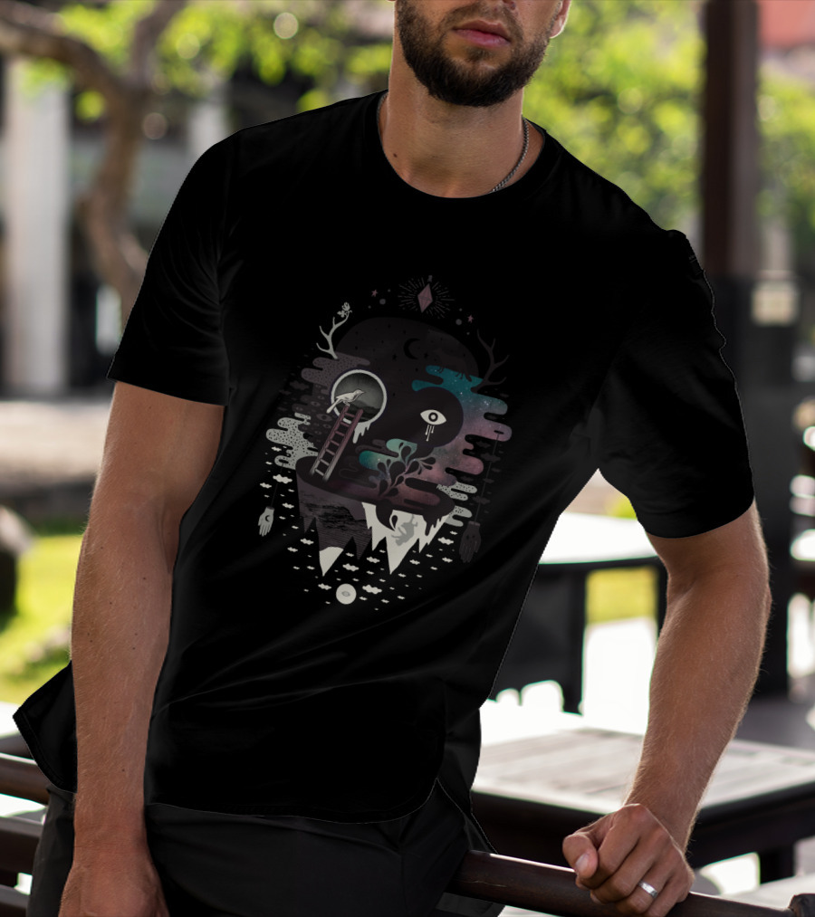 Surreal Galaxy With Floating Eye And Ladder Over Abstract Terrain T-Shirt