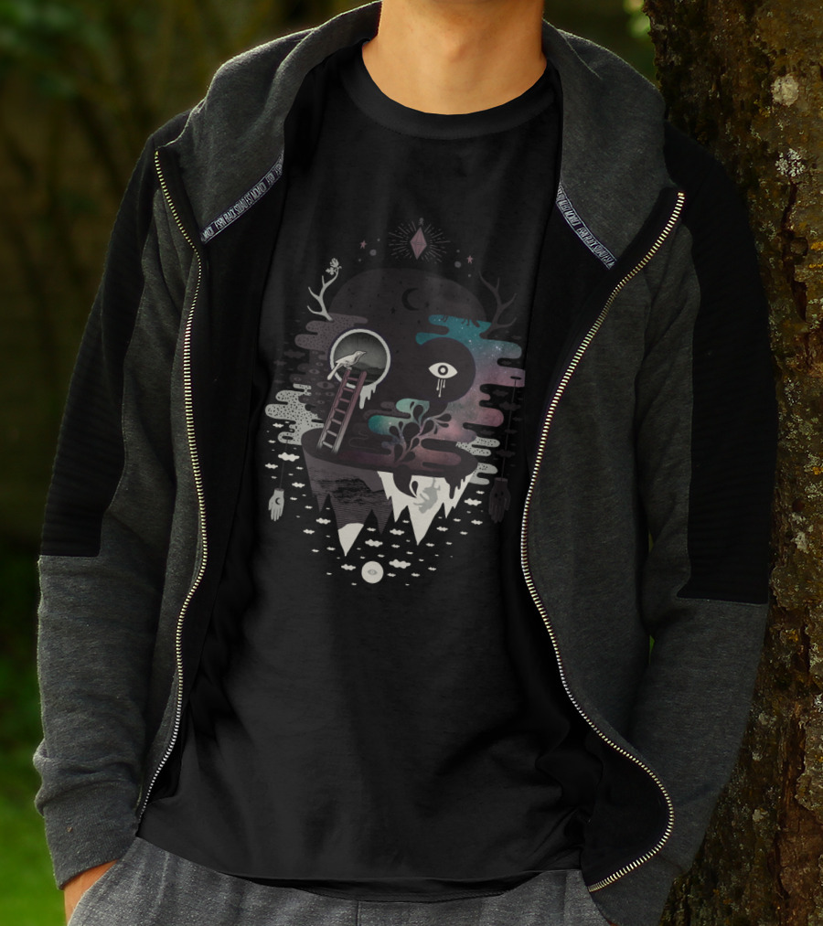 Surreal Galaxy With Floating Eye And Ladder Over Abstract Terrain T-Shirt