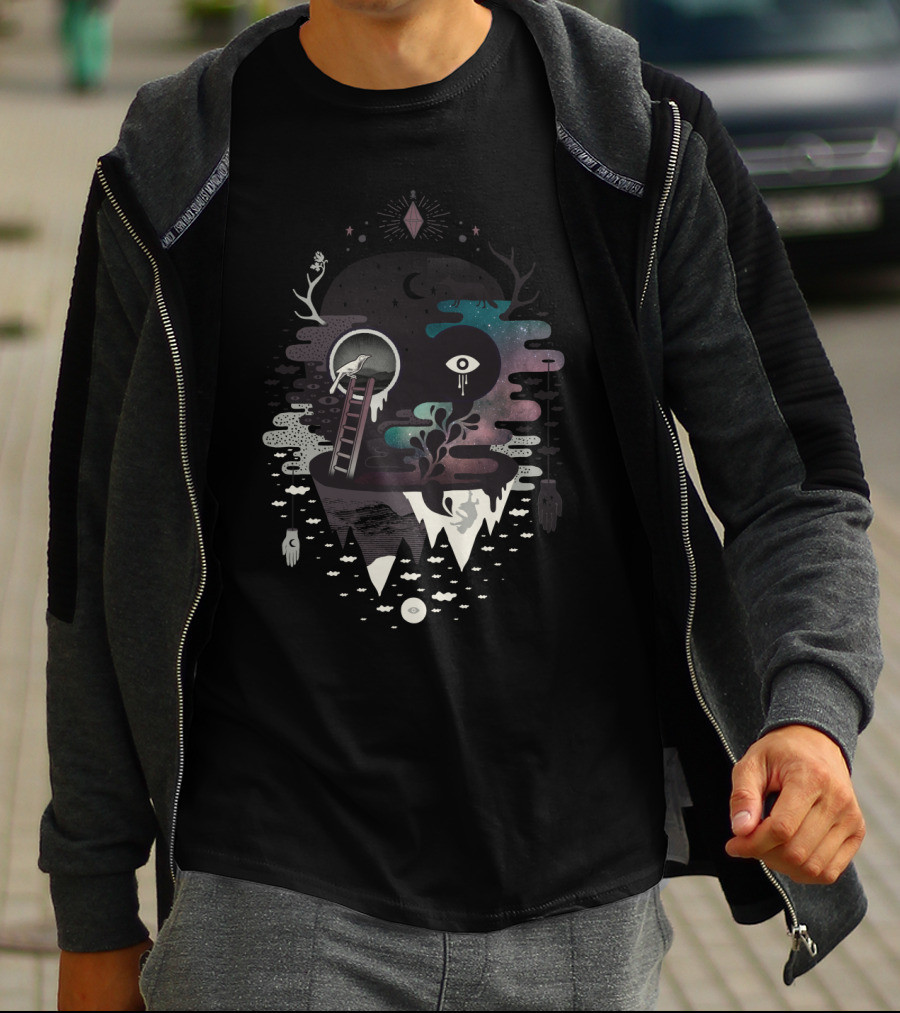 Surreal Galaxy With Floating Eye And Ladder Over Abstract Terrain T-Shirt