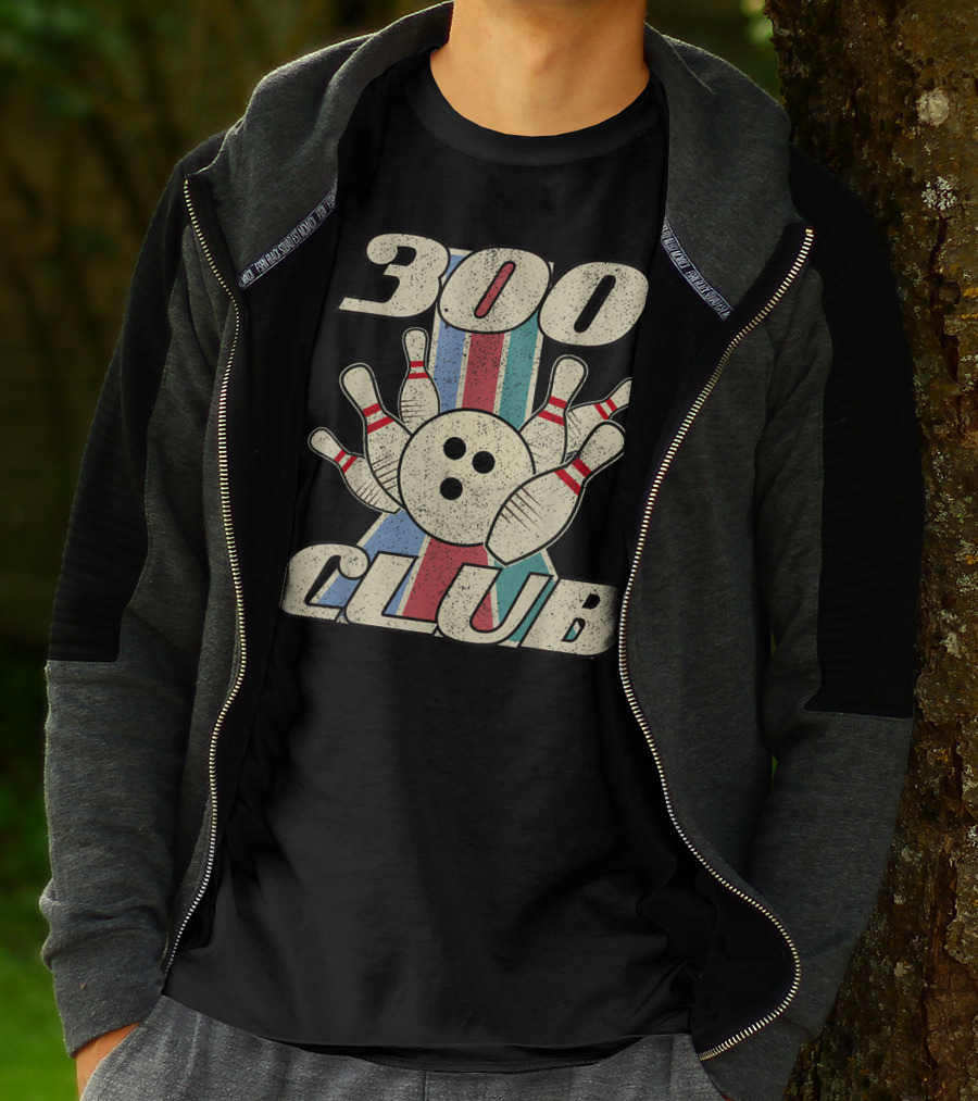 300 Club Bowling Distressed Perfect Game Retro Bowling Pins And Ball T-Shirt