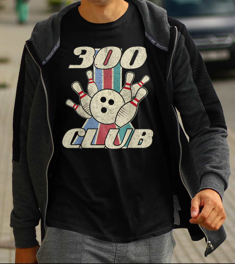 300 Club Bowling Distressed Perfect Game Retro Bowling Pins And Ball T-Shirt