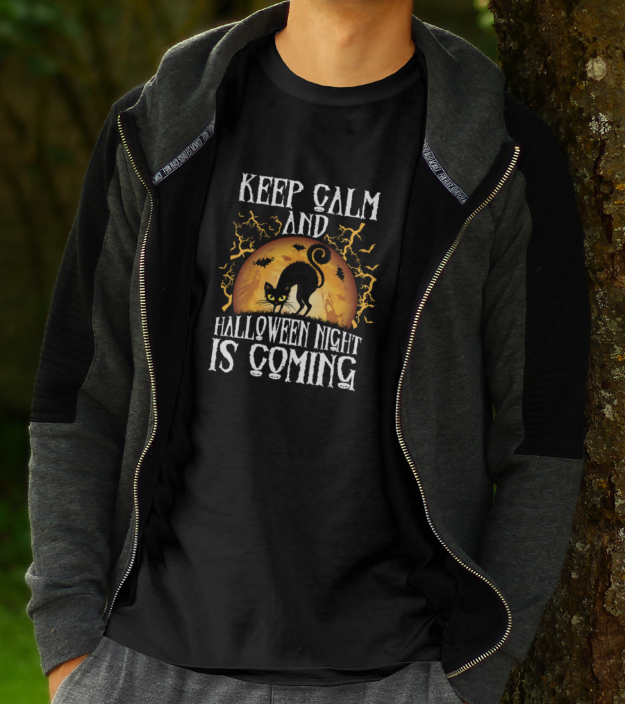 Keep Calm And Halloween Night Is Coming With Black Cat And Full Moon T-Shirt