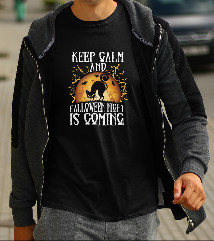 Keep Calm And Halloween Night Is Coming With Black Cat And Full Moon T-Shirt