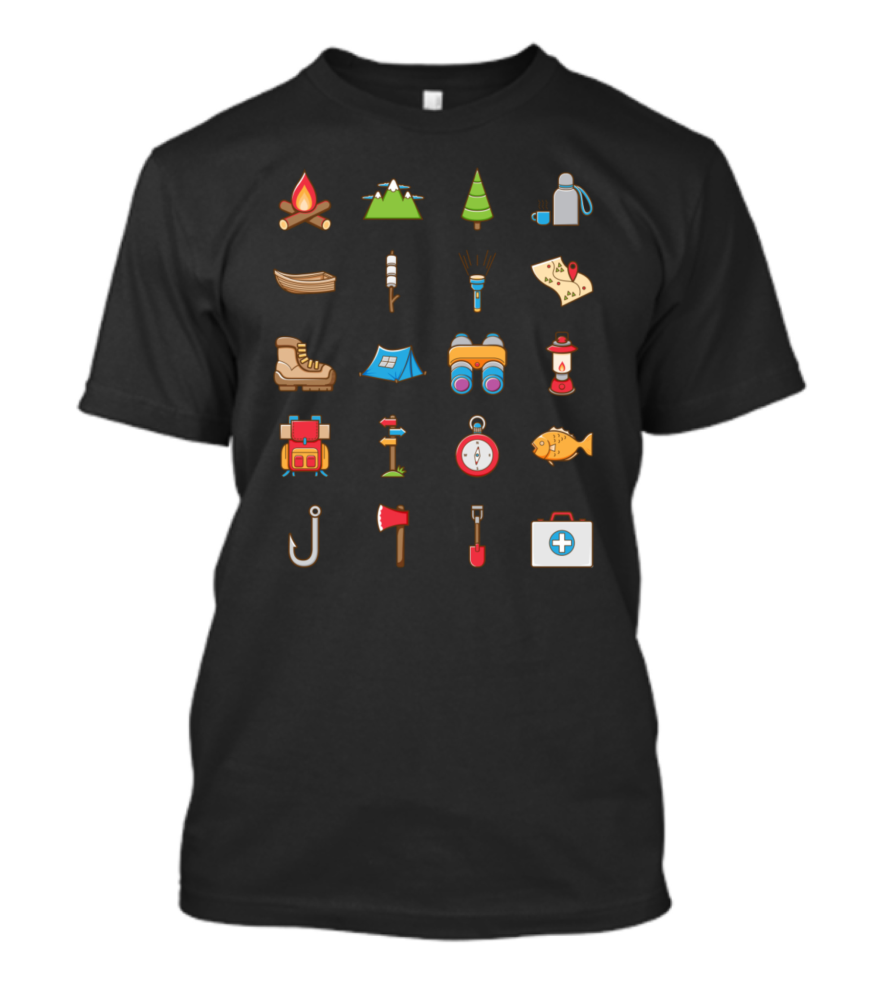 Camping Icons Fire Tent Map Compass Backpack Binoculars Lantern Boots Fishing Hook Axe Tree T-Shirt