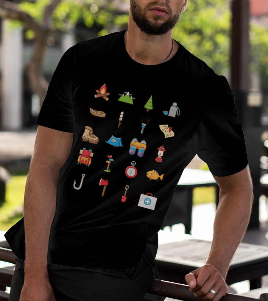 Camping Icons Fire Tent Map Compass Backpack Binoculars Lantern Boots Fishing Hook Axe Tree T-Shirt