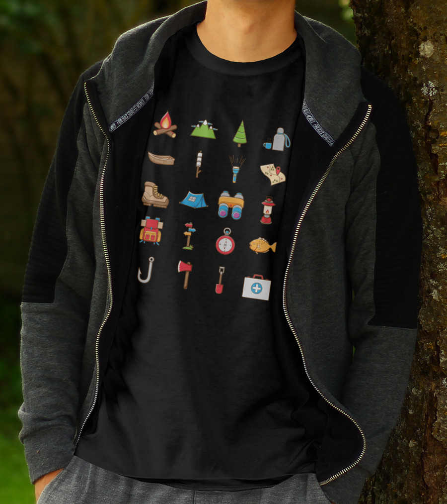 Camping Icons Fire Tent Map Compass Backpack Binoculars Lantern Boots Fishing Hook Axe Tree T-Shirt