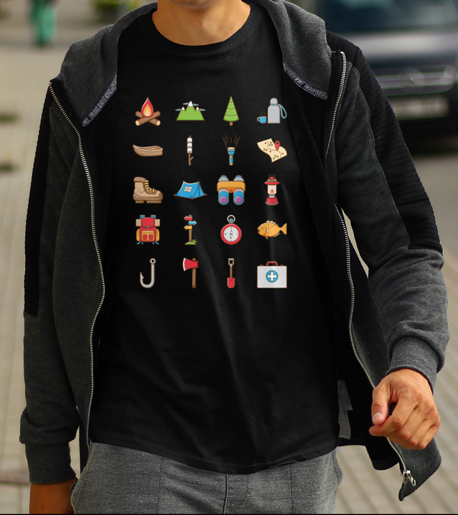 Camping Icons Fire Tent Map Compass Backpack Binoculars Lantern Boots Fishing Hook Axe Tree T-Shirt