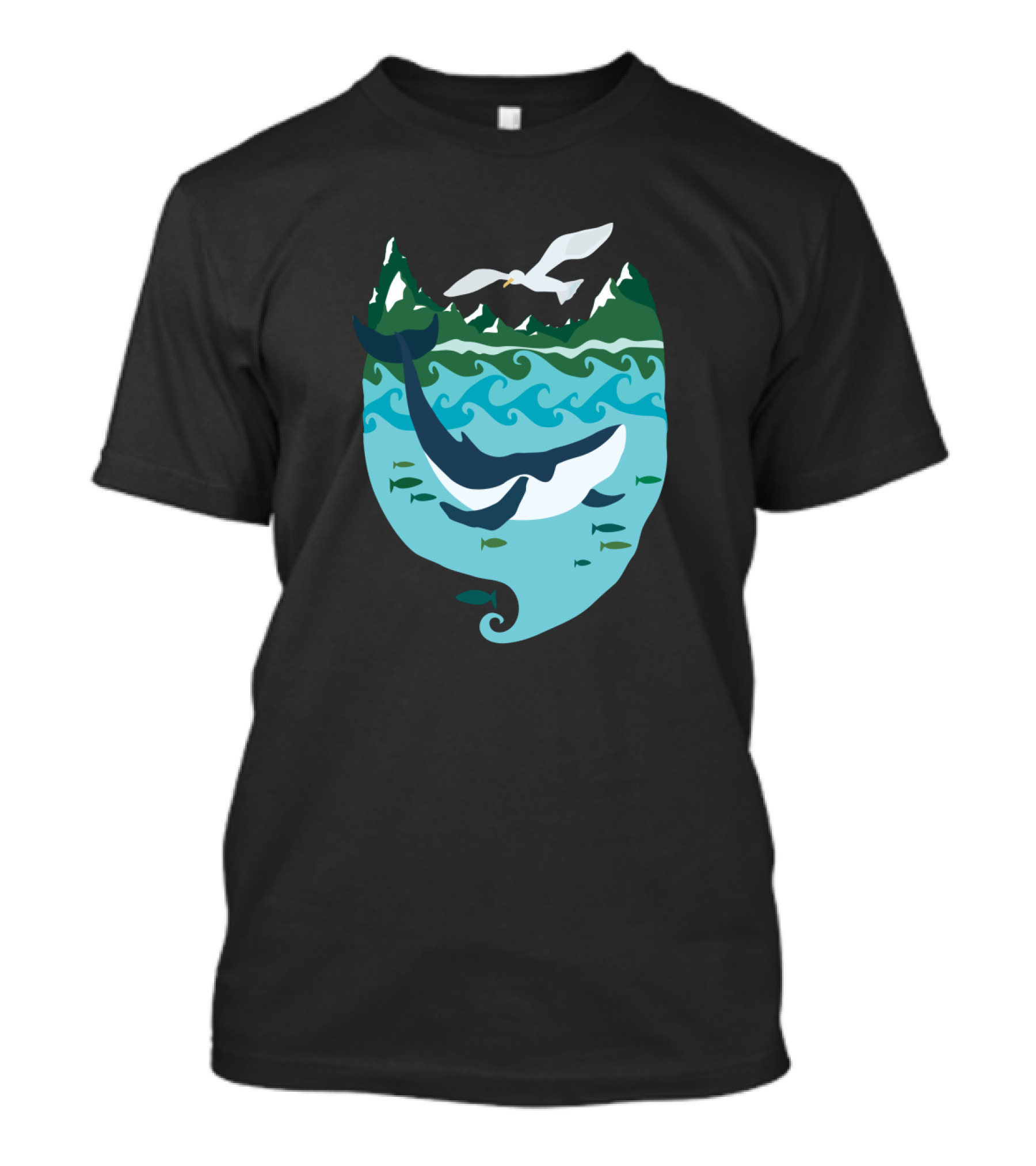 Whale Tale Ocean Scene With Whale, Fish, Waves, Mountains, And Seagull T-Shirt
