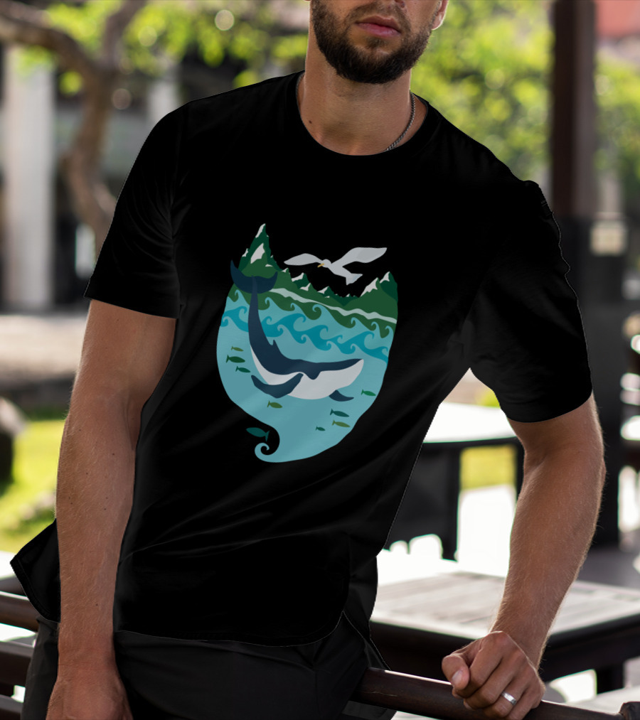 Whale Tale Ocean Scene With Whale, Fish, Waves, Mountains, And Seagull T-Shirt