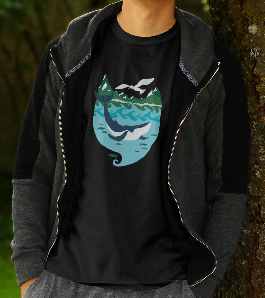 Whale Tale Ocean Scene With Whale, Fish, Waves, Mountains, And Seagull T-Shirt