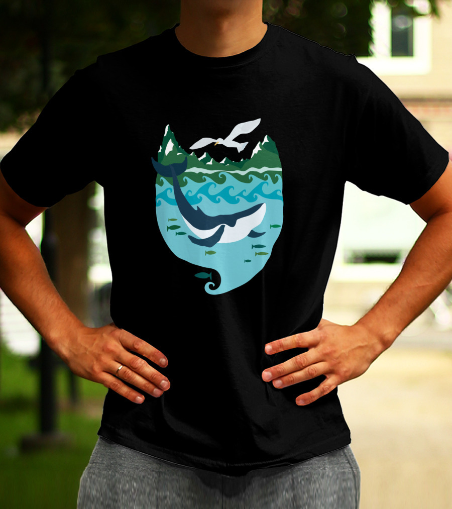 Whale Tale Ocean Scene With Whale, Fish, Waves, Mountains, And Seagull T-Shirt
